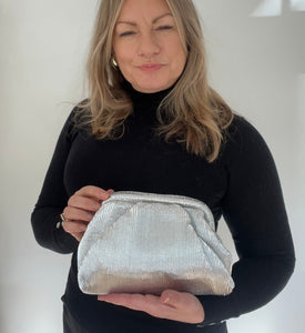 Silver Metallic Rib Cloud Clutch/ Crossbody Bag