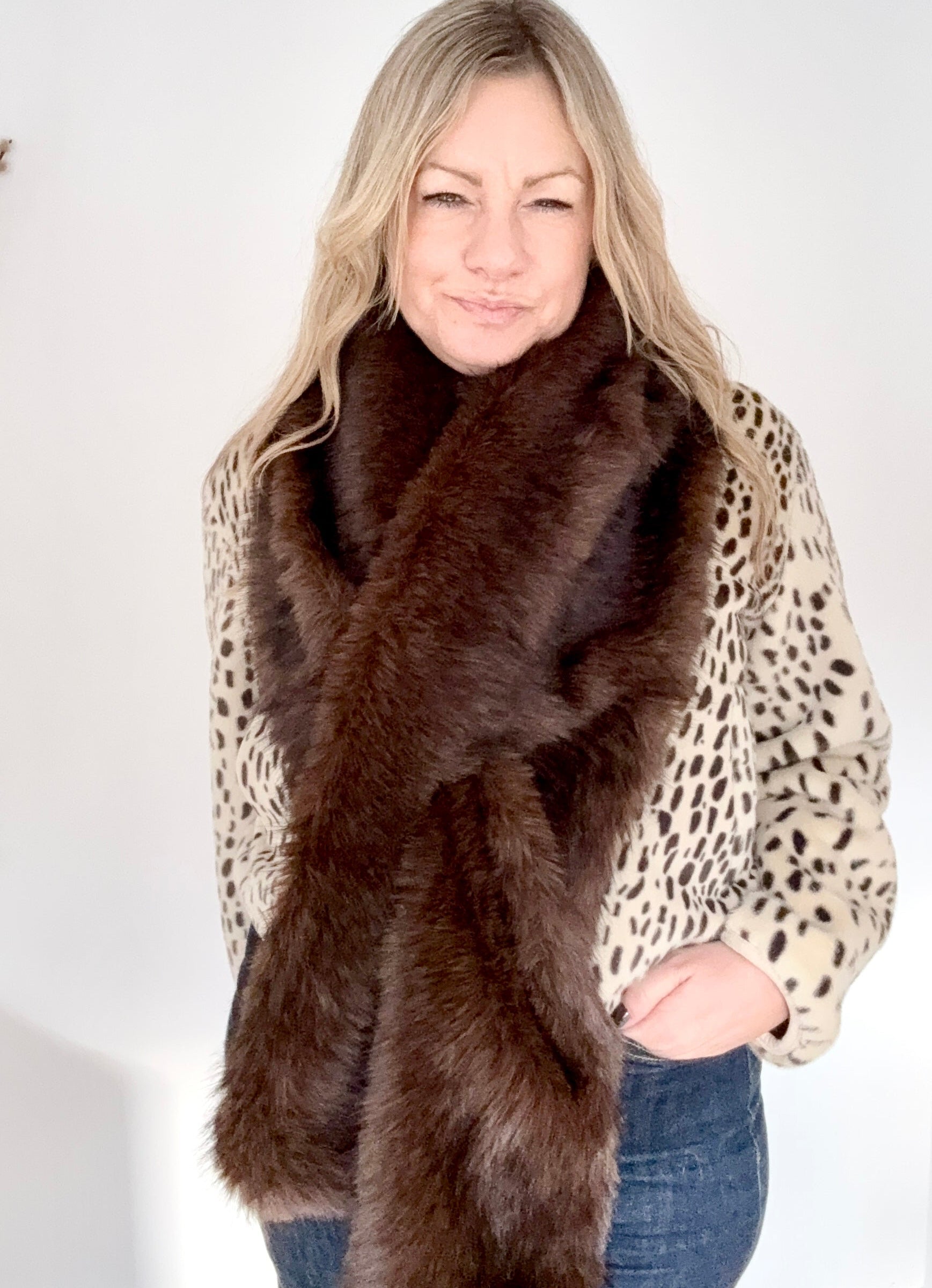 Dark Brown Faux Fur Wide Long Scarf/ Wrap