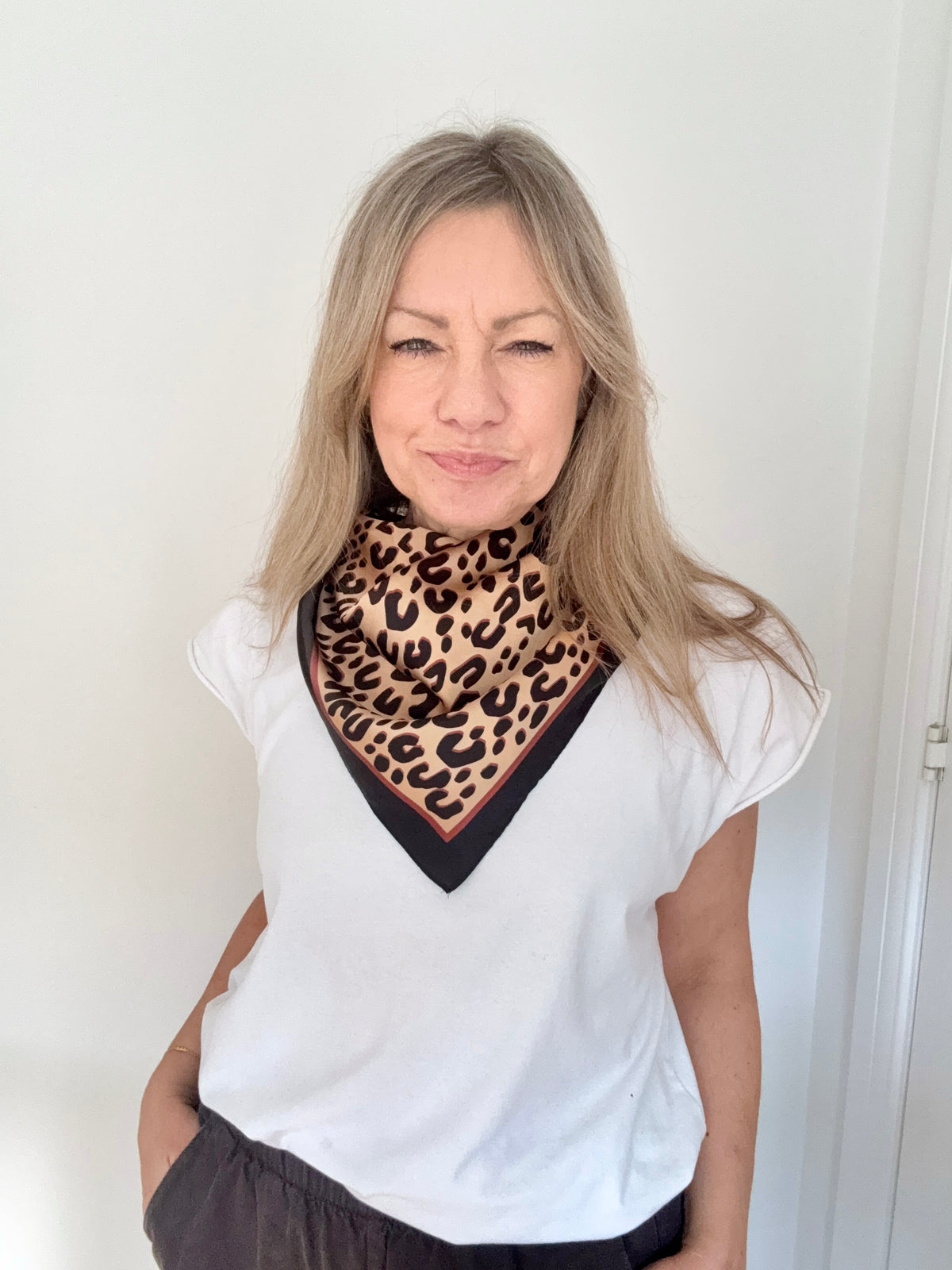 Tan Mix Animal Print Square Satin Scarf/ Necktie