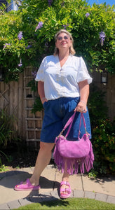 Pink Suede Fringed Crossbody Bag