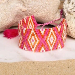 Bright Pink & Orange Beaded Adjustable Bracelet