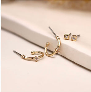 Gold Hoop & Crystal Stud Earrings Set