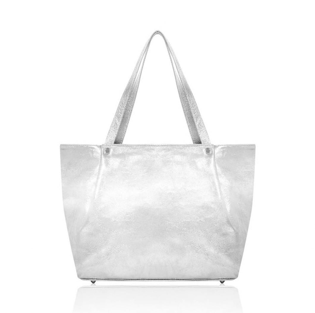 Silver Leather Large Tote Bag