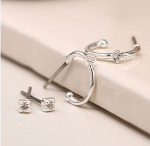 Silver Hoop & Crystal Stud Earrings Set