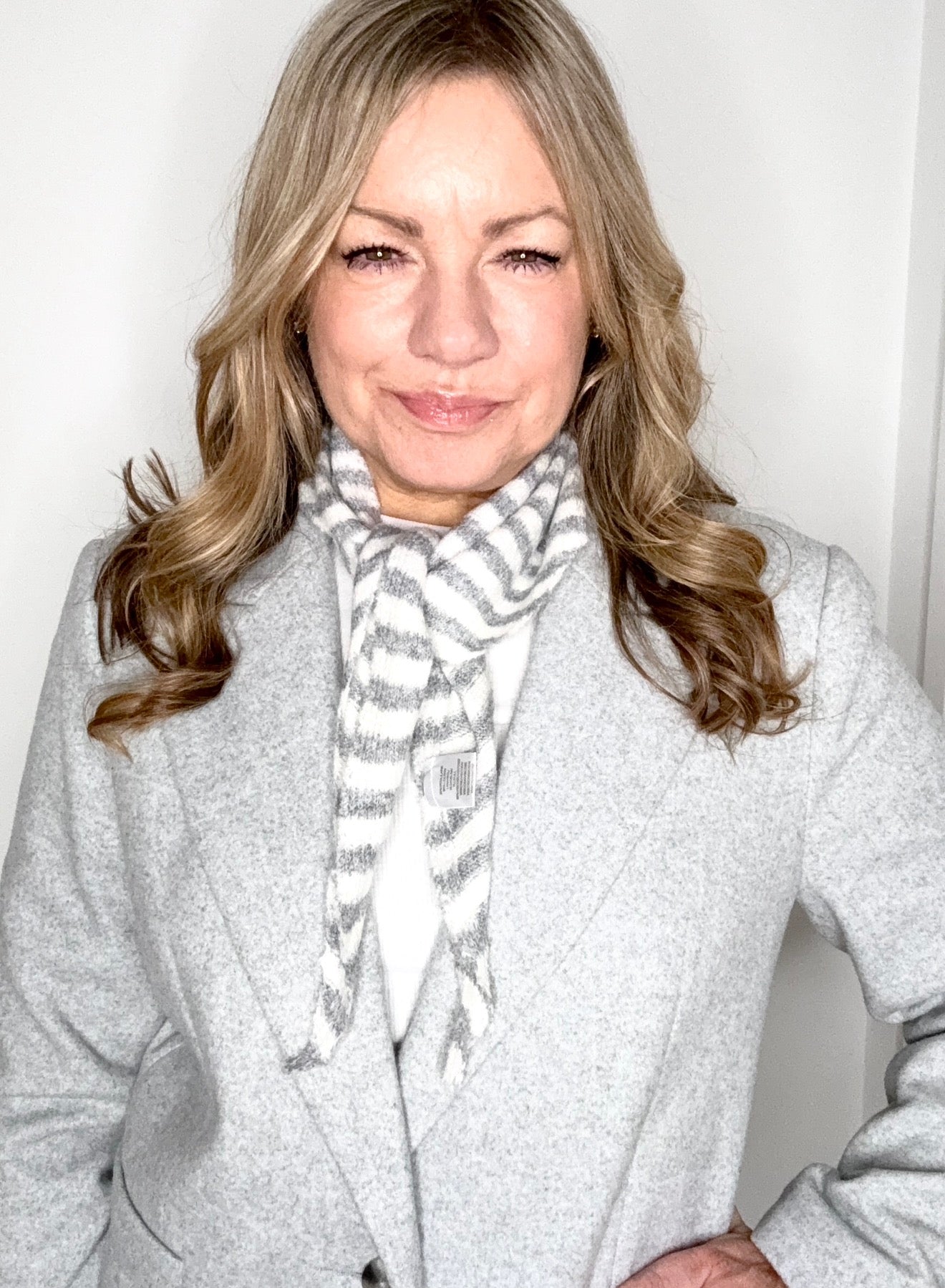 Grey &amp; Cream Stripe Knitted Triangle Scarf/ Necktie