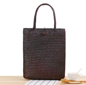 Dark Brown Straw Tote Bag with Toggle Fastening