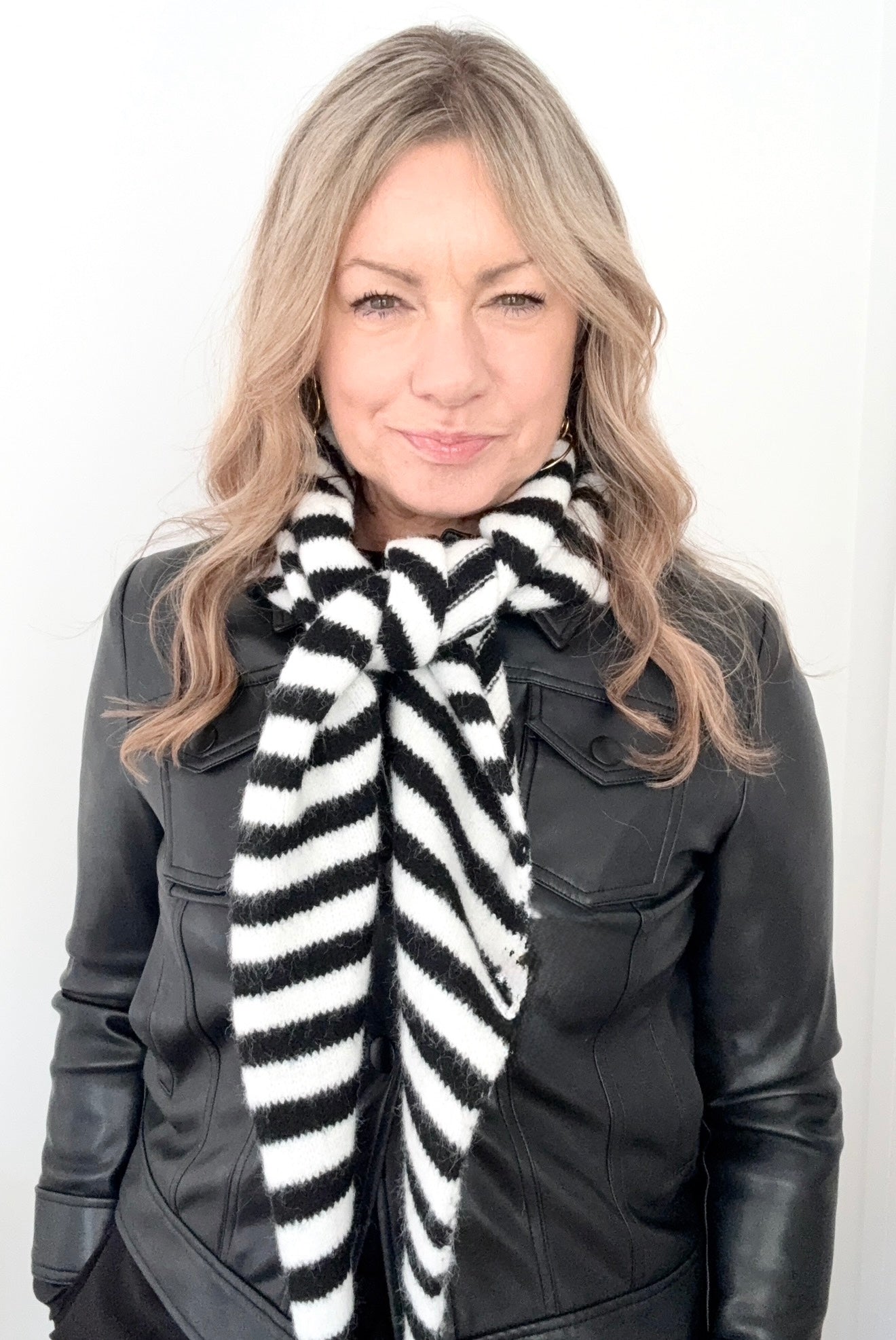 Black &amp; White Stripe Knitted Long Triangle Scarf/ Necktie