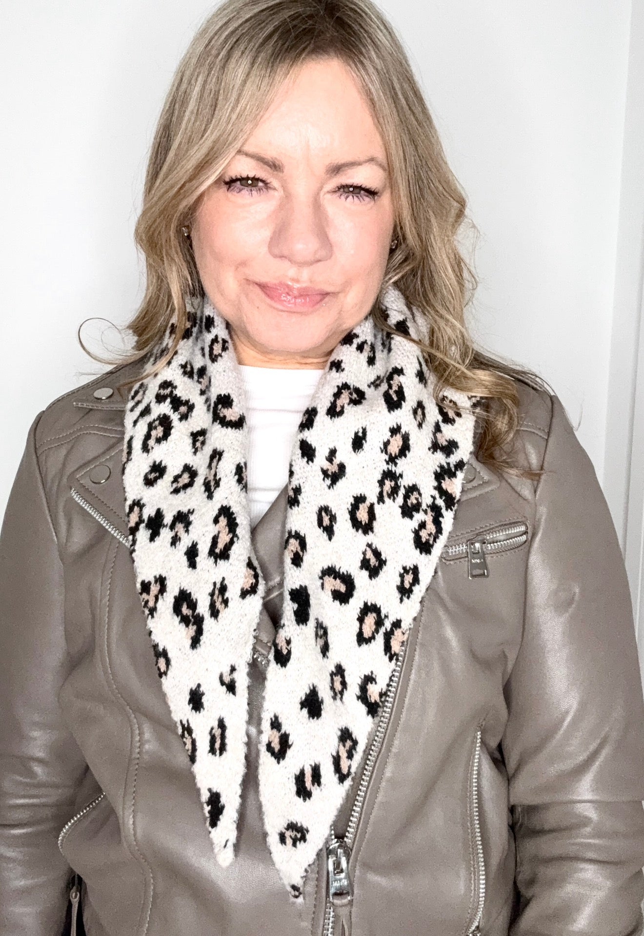 Cream Animal Print Knitted Triangle Scarf/ Necktie