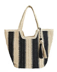 Black & Beige Stripe Raffia Tote Bag