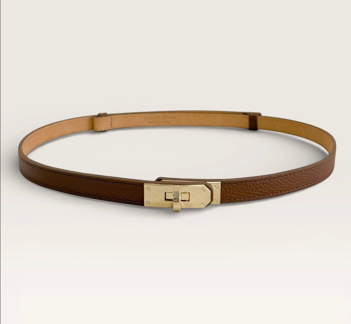 Brown Narrow Leather Gold Twist Buckle Belt - One Size
