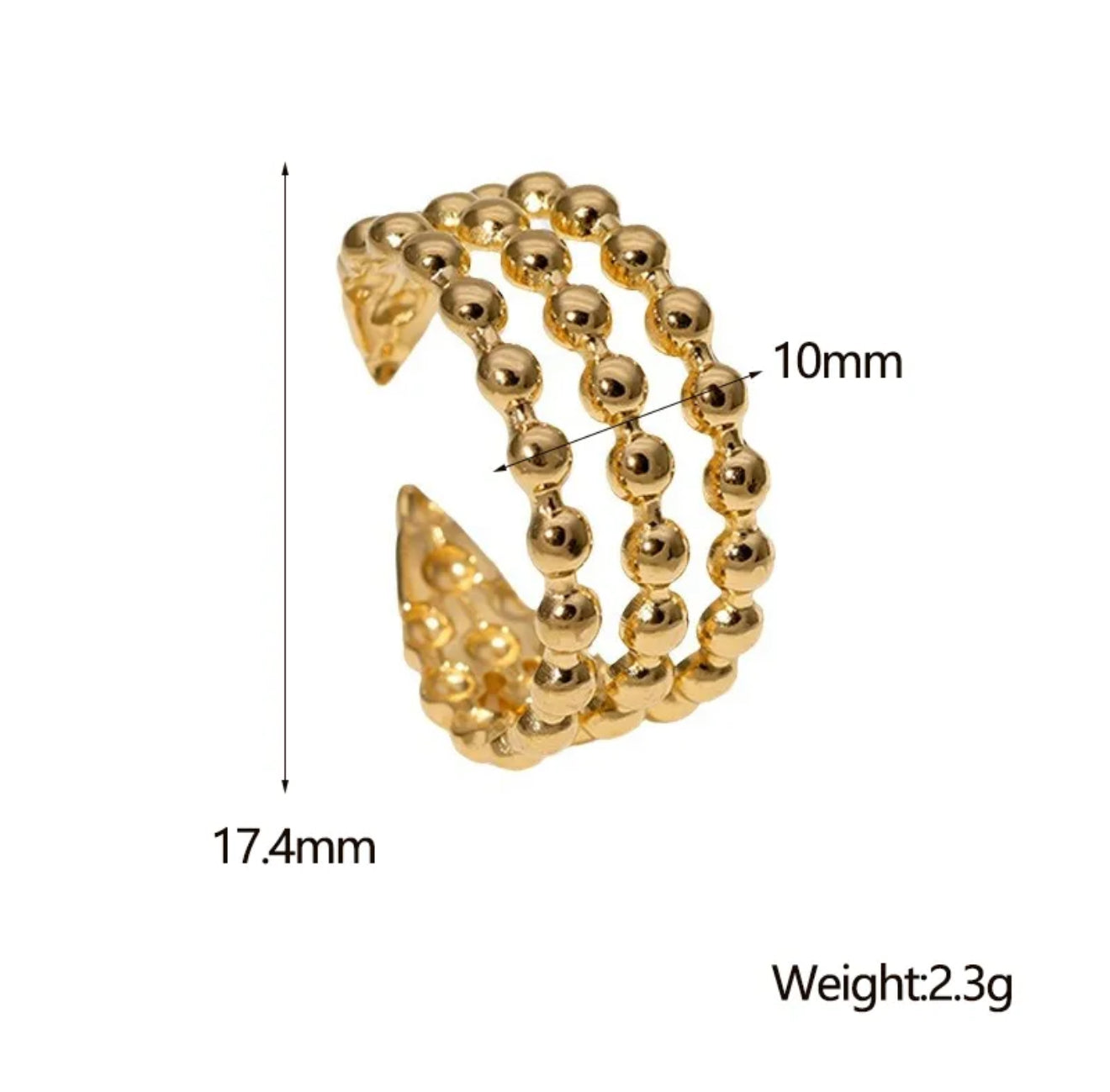 Gold beaded ring with measurements and weight details 