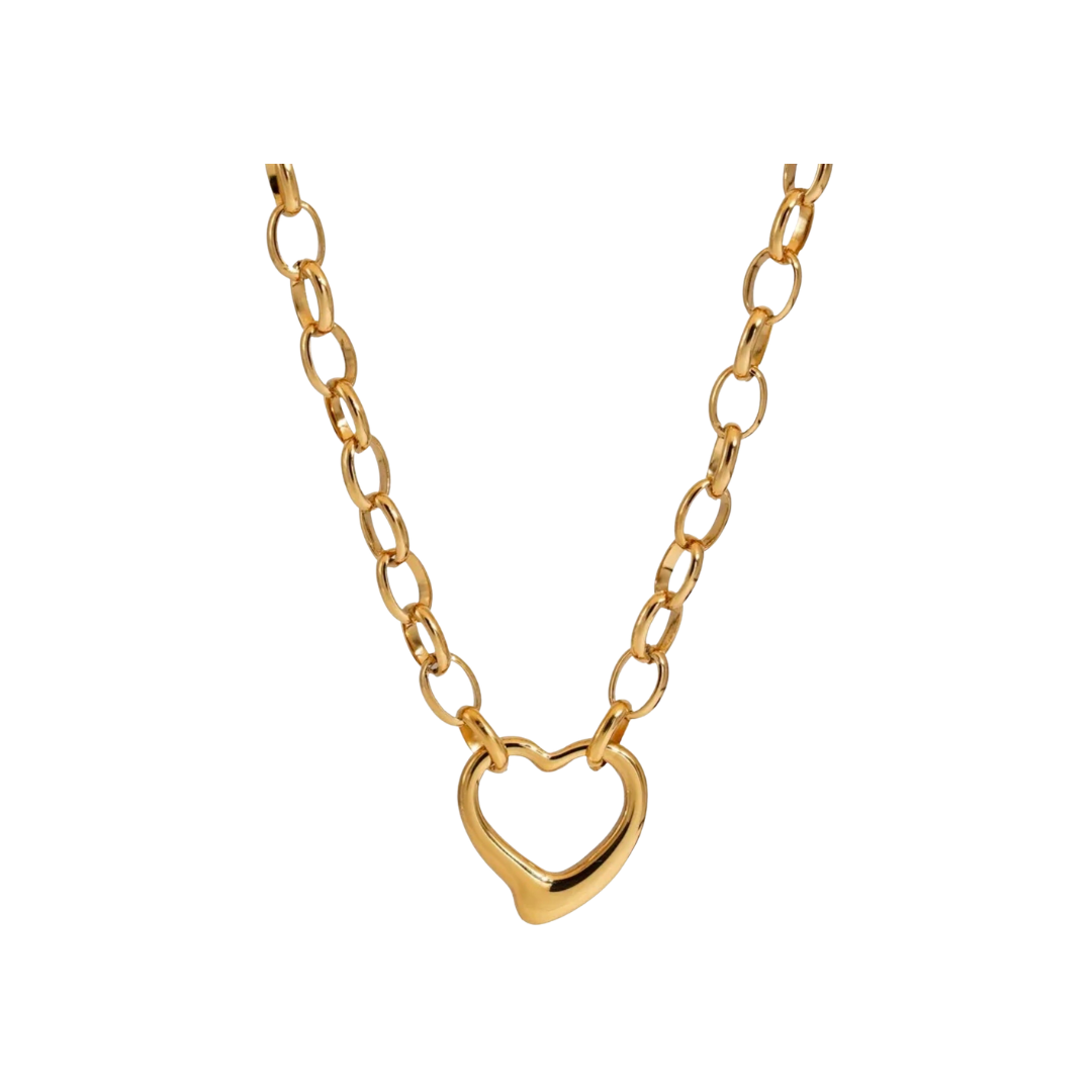 Gold chain necklace with a heart-shaped pendant on a white background.