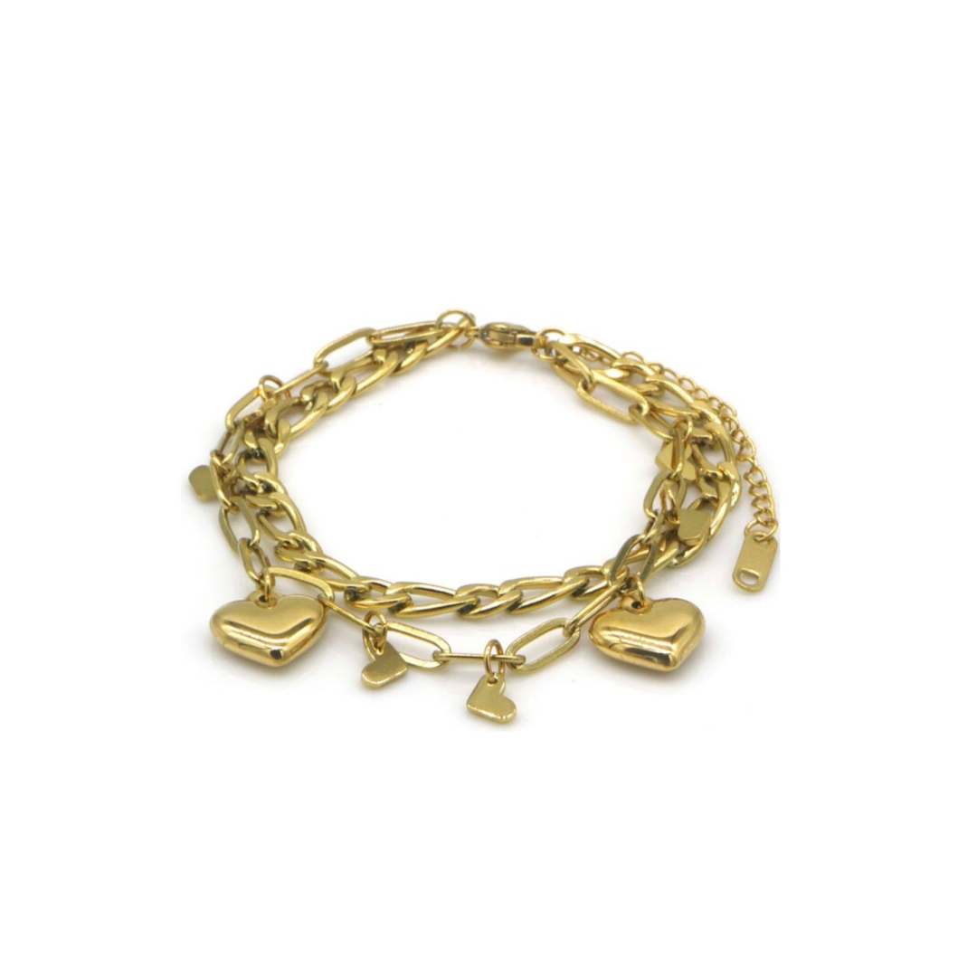Gold double layer bracelet with heart-shaped charms on a white background