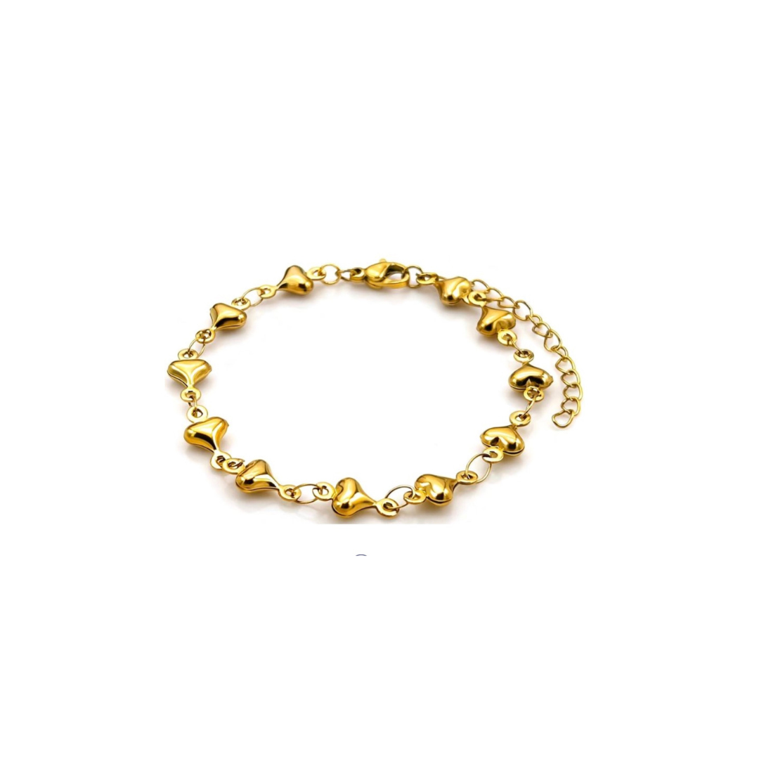 Gold bracelet with heart-shaped links on a white background.