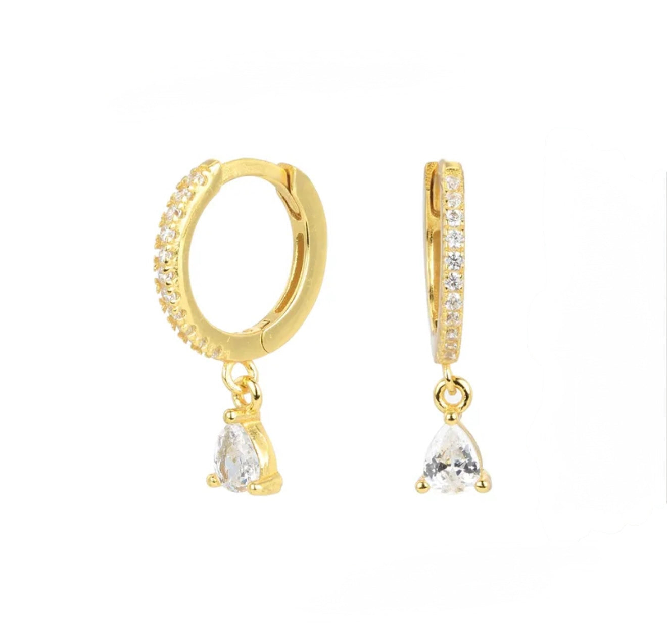 Gold hoop earrings with teardrop-shaped gemstones