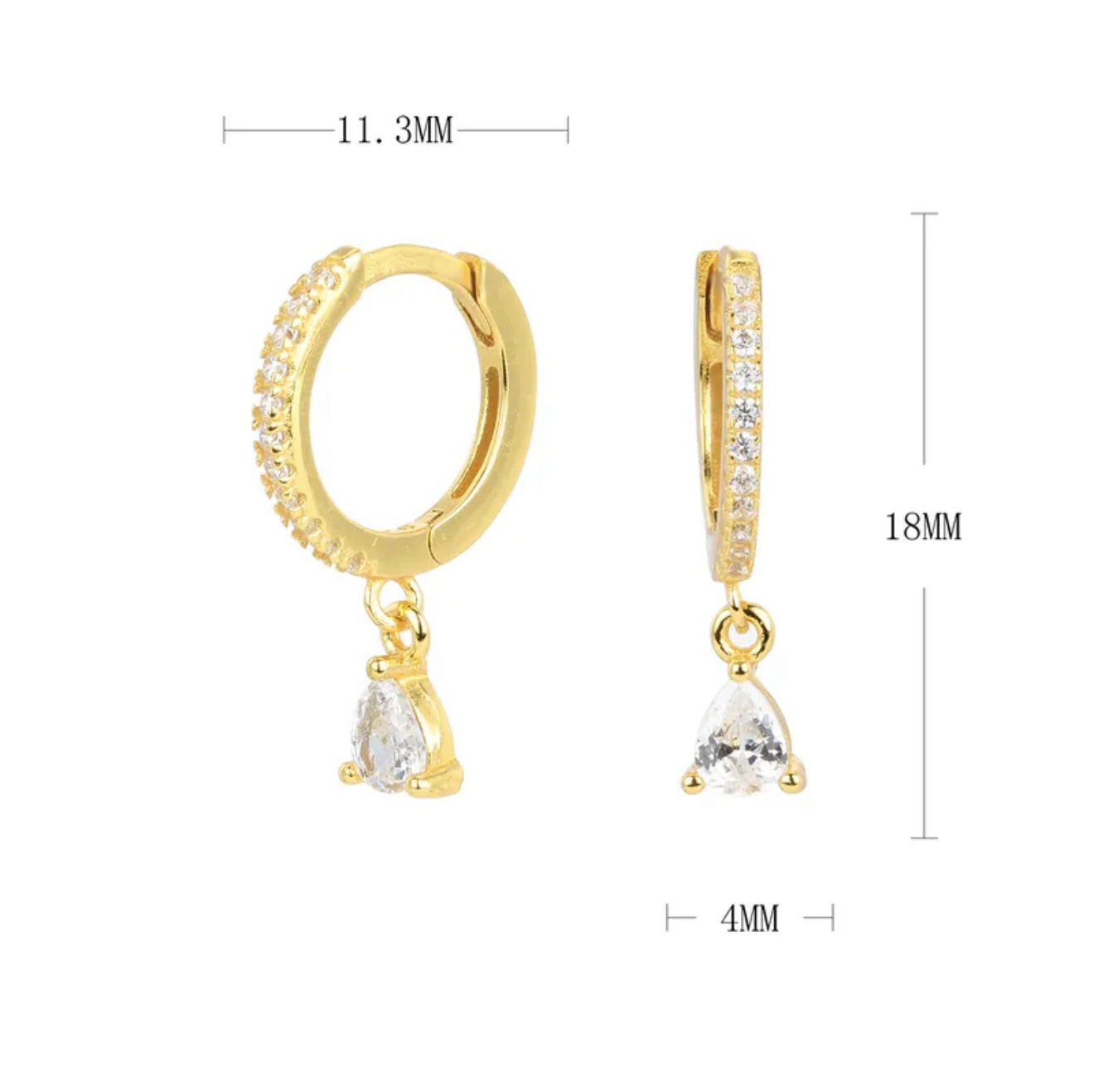 Gold hoop earrings with teardrop-shaped crystals and measurements