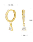 Gold hoop earrings with teardrop-shaped crystals and measurements