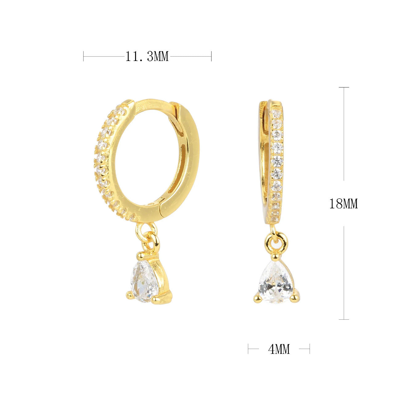 Gold hoop earrings with teardrop-shaped gemstones and measurements. 