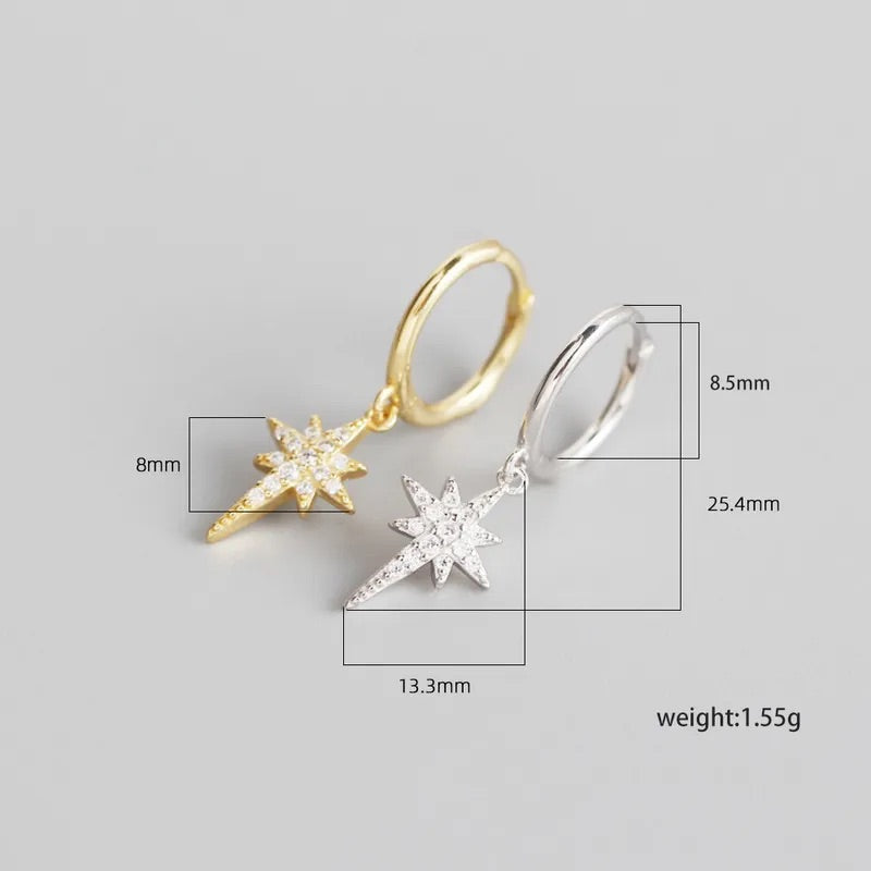 one gold and one silver sparkly star hoop earrings with measurements 