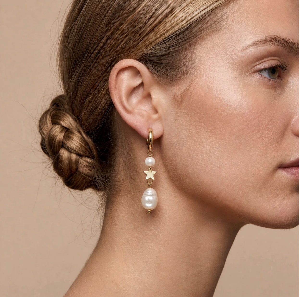 Gold Star & Pearl drop hoop Earrings