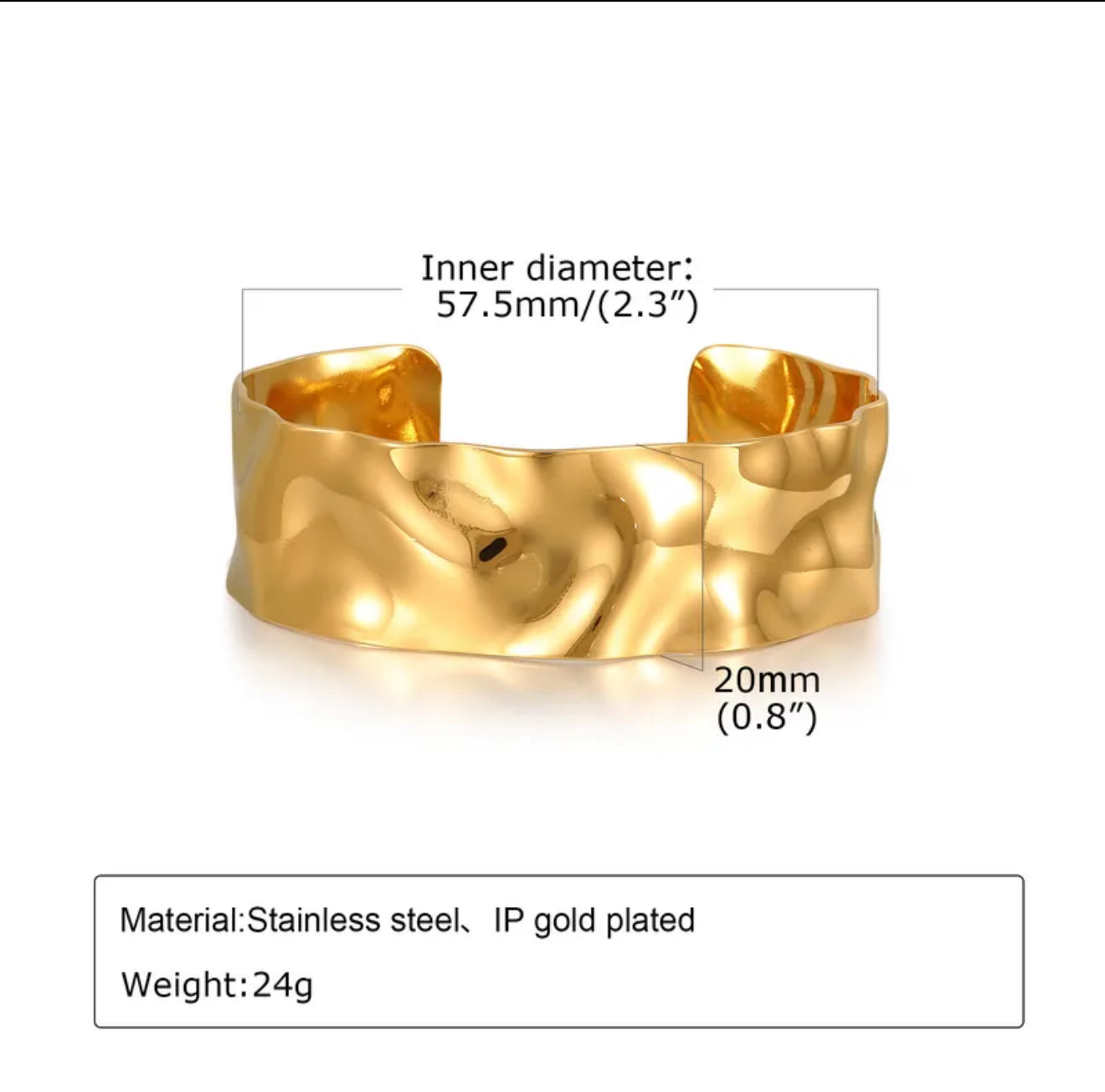 Gold textured cuff bangle bracelet with measurements and material details 
