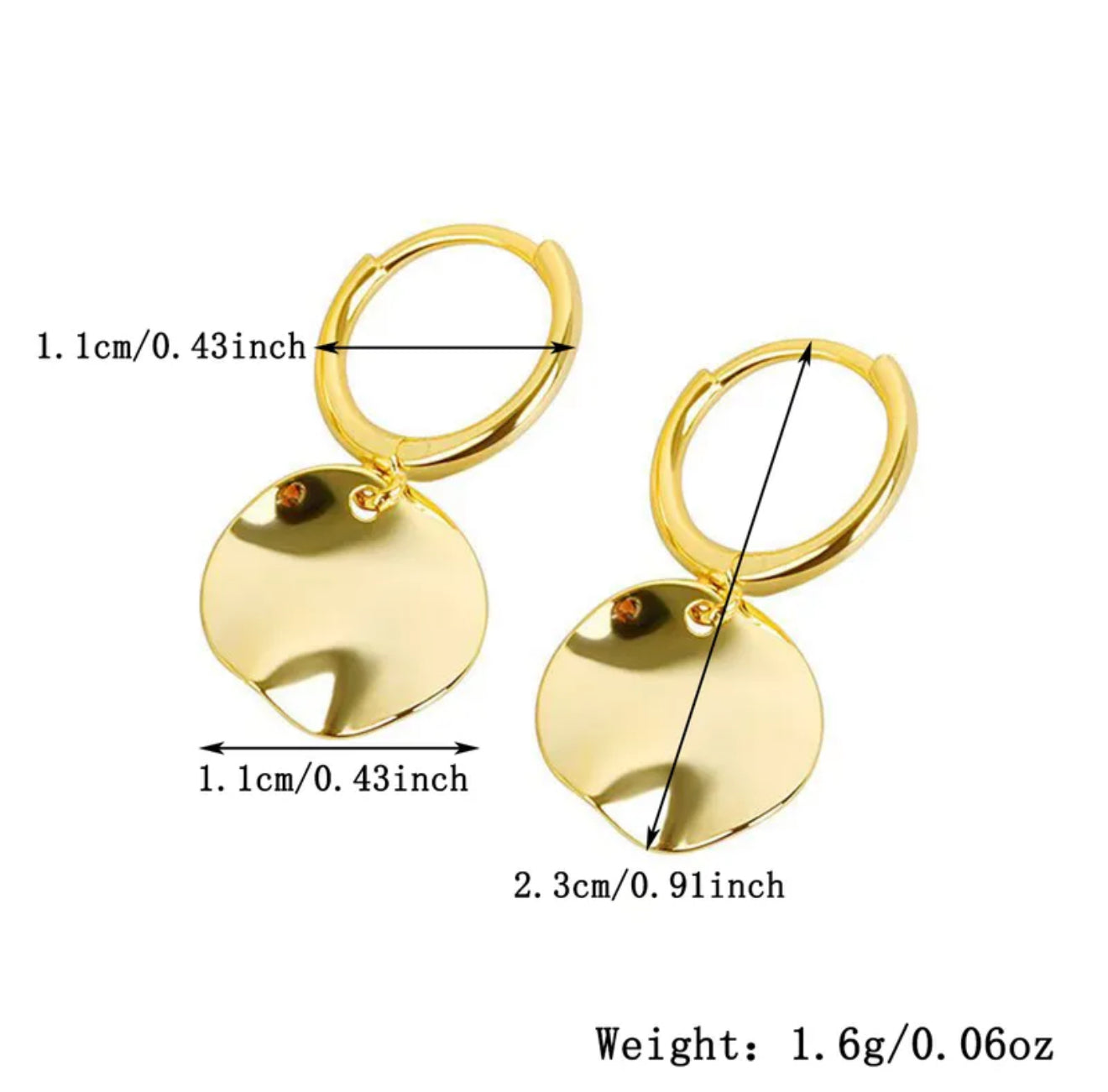 Gold  textured disc hoop earrings with measurements and weight details 