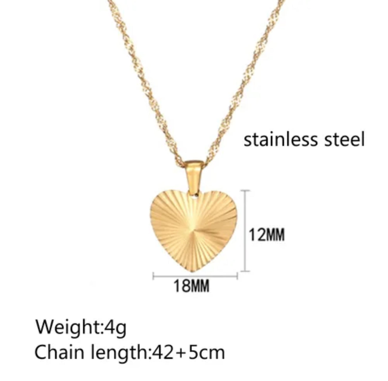 Gold heart-shaped pendant necklace with measurements and material details 
