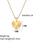 Gold heart-shaped pendant necklace with measurements and material details 