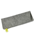 Gray fabric pouch with a yellow tag on a white background