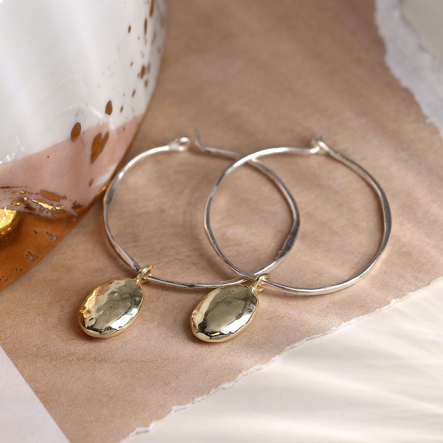 Silver Hoop & Gold Pebble Earrings