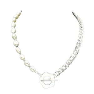 Pearl & Flower Silver Chunky Chain Necklace