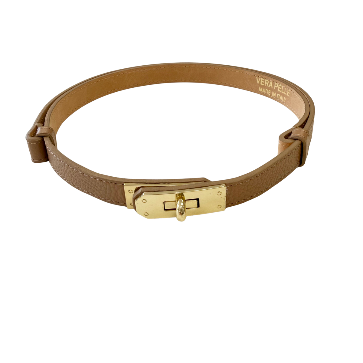 Pale Camel Narrow Leather Gold Twist Buckle Belt - One Size