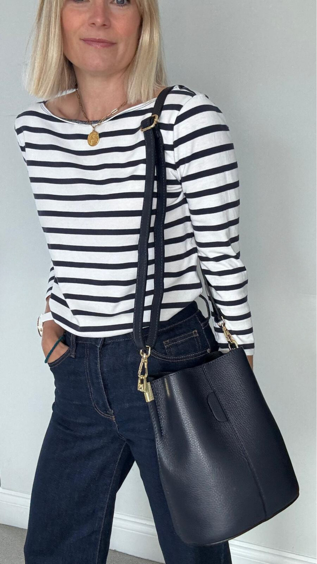 Navy Leather Bucket Bag