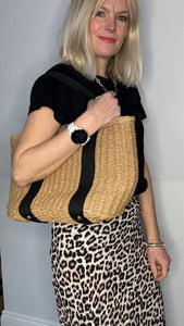 Straw Bag with Black Woven Handles