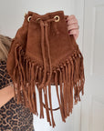 Tan Suede Crossbody Fringed Bucket Bag
