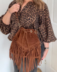 Tan Suede Crossbody Fringed Bucket Bag