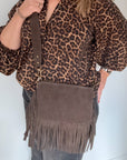 Drak Brown Suede Crossbody Fringed Bag