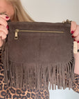 Drak Brown Suede Crossbody Fringed Bag