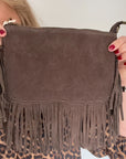 Drak Brown Suede Crossbody Fringed Bag
