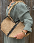 Beige & Black Raffia Tote Bag