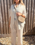 Beige & White Stripe Cotton Striped Oversized Shirt