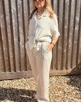 Beige & White Stripe Cotton Striped Wide Leg Trousers