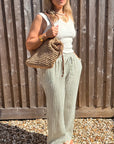 Khaki & White Stripe Cotton Striped Wide Leg Trousers