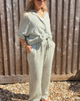 Khaki & White Stripe Cotton Striped Wide Leg Trousers