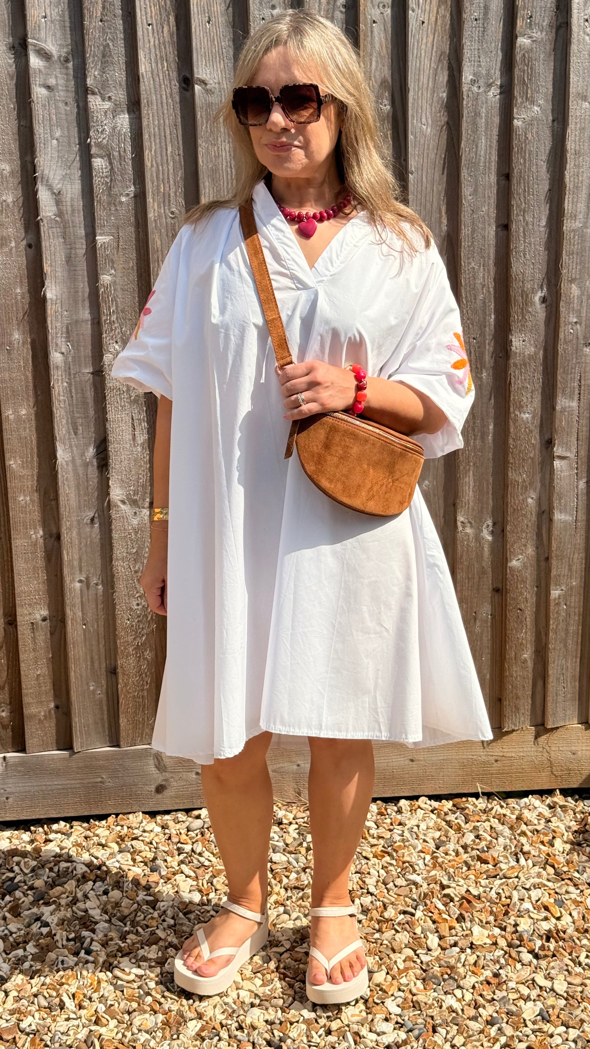 white cotton dress uk Cotton Blend Flared V Hem Dress White