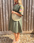 Khaki Embroidered Sleeve Cotton Dress