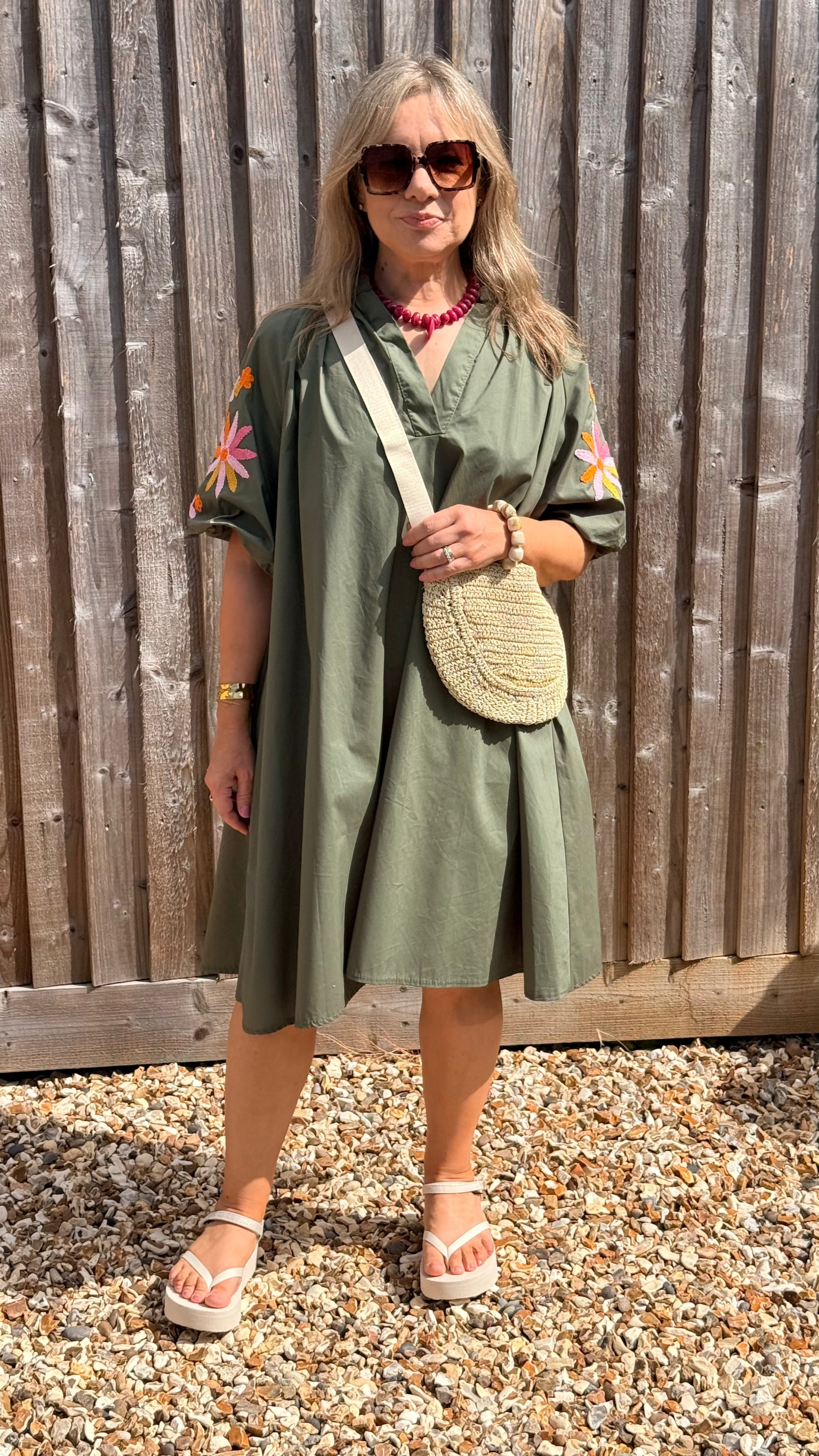 khaki embroidered dress Midi dress in khaki color with applique and embroidery Meduza Dress