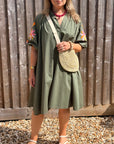 Khaki Embroidered Sleeve Cotton Dress
