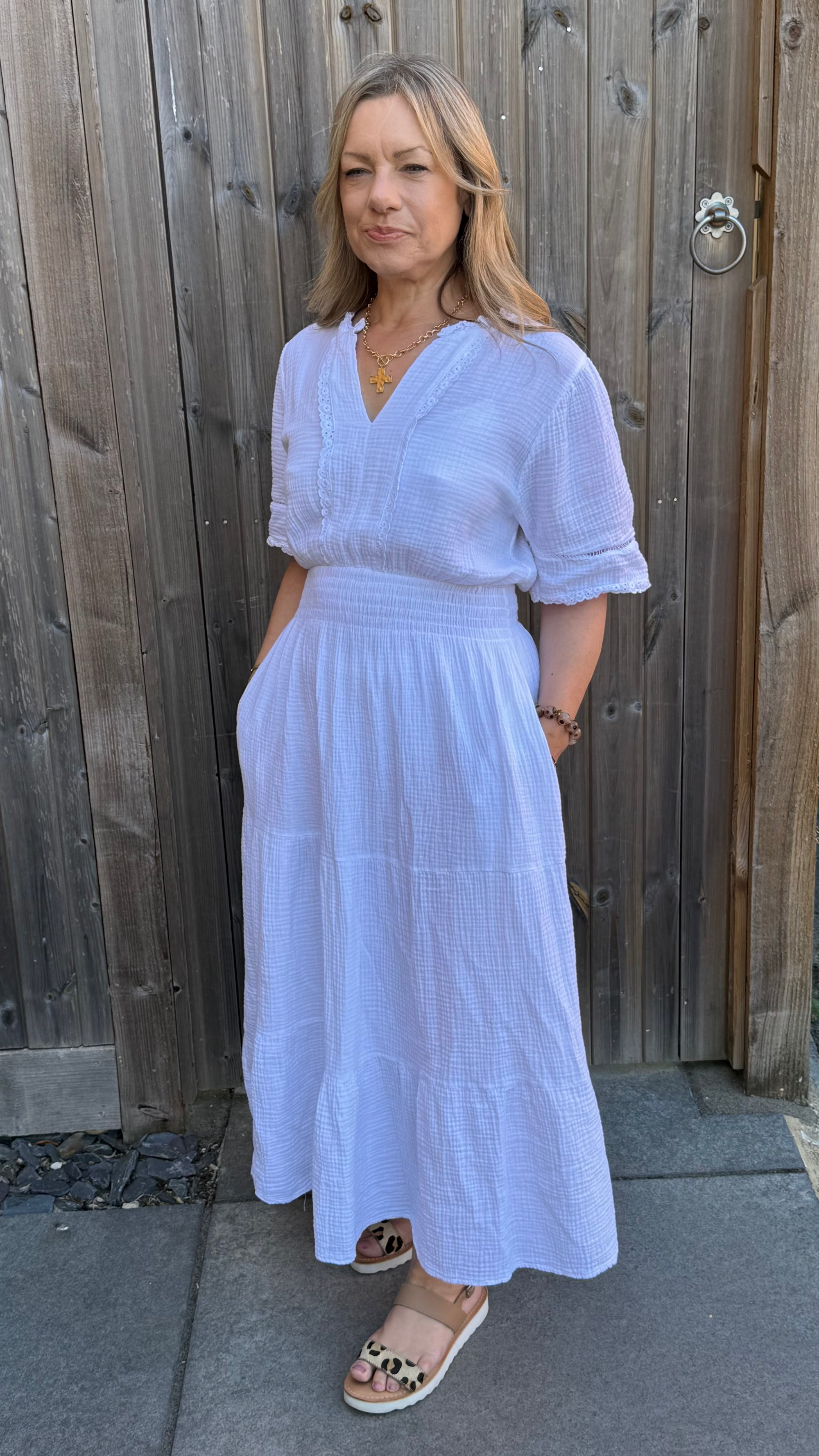 White Cotton Broiderie Trim Maxi Dress