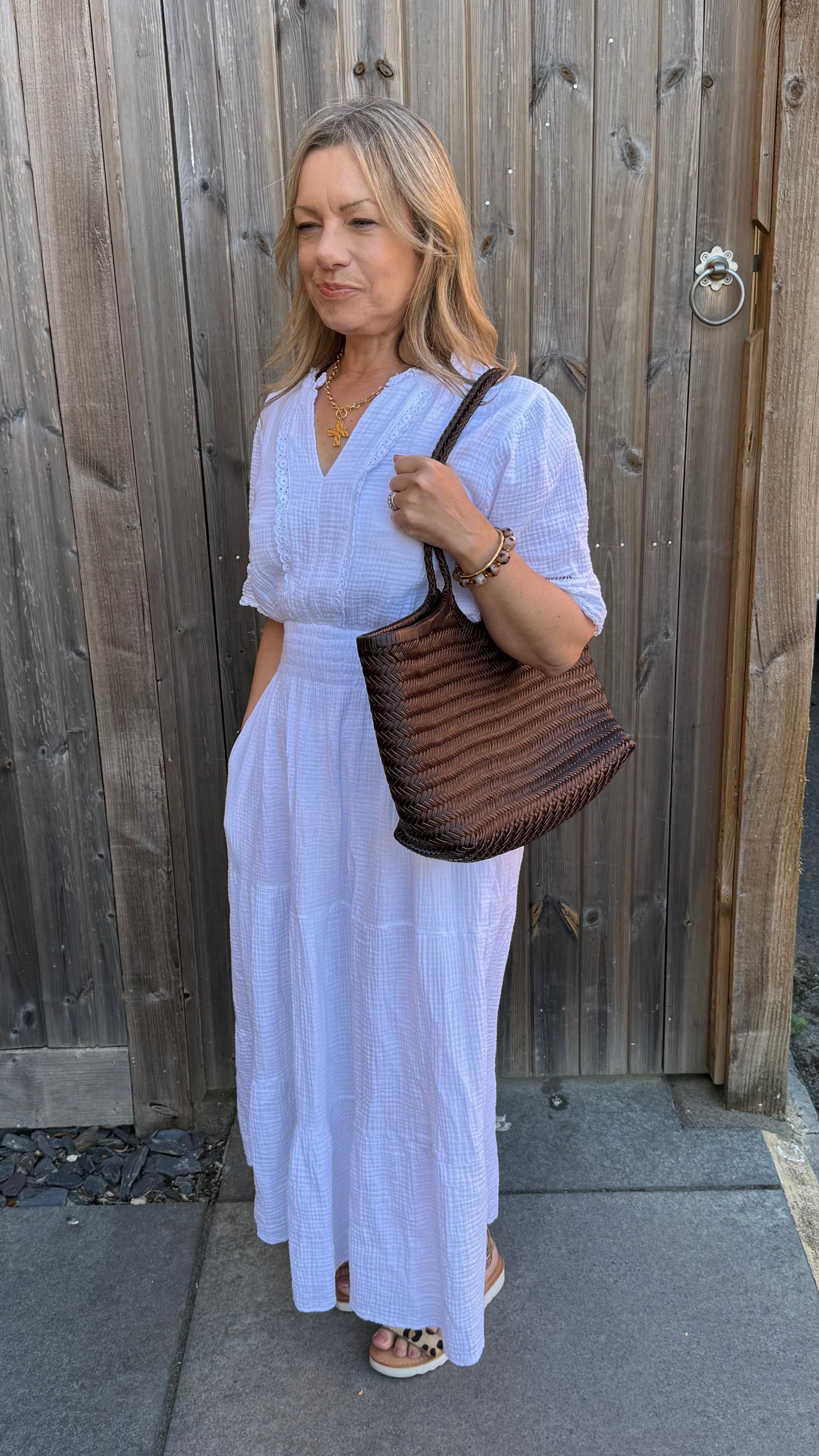 White Cotton Broiderie Trim Maxi Dress
